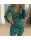 Elsvios Sexy głębokie V Neck sukienka z cekinami eleganckie kobiety Sliver brokat Bodycon Party Dress jesień z długim rękawem kl