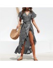 Letnia plaża Maxi sukienka kobiety kwiatowy Print Boho długa szyfonowa sukienka Ruffles Wrap Casual dekolt w serek Split Sexy Pa