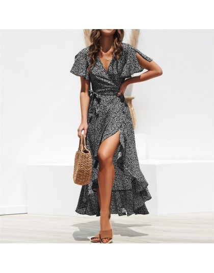 Letnia plaża Maxi sukienka kobiety kwiatowy Print Boho długa szyfonowa sukienka Ruffles Wrap Casual dekolt w serek Split Sexy Pa