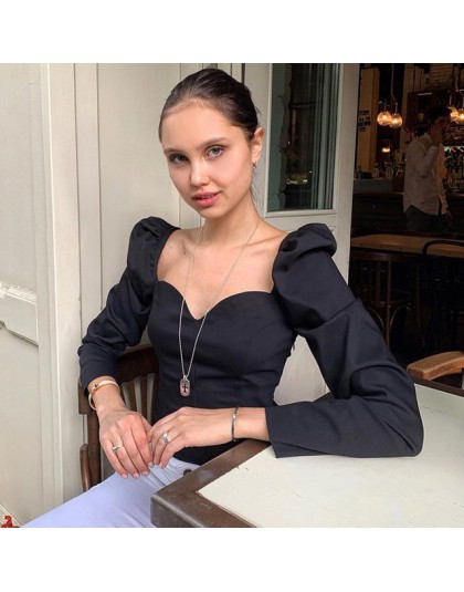 Kryptograficzny Vintage kwadratowy kołnierzyk Casual bufiaste rękawy damskie koszule i bluzki jesień jednolity kolor, długi ręka