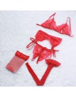 Seksowna bielizna zestawy Femme biustonosz i majtki zestaw 4 sztuk biustonosz stringi netto skarpetki koronki Sling przezroczyst