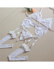 Seksowna bielizna zestawy Femme biustonosz i majtki zestaw 4 sztuk biustonosz stringi netto skarpetki koronki Sling przezroczyst