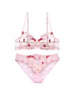 Bielizna damska różowy biustonosz i zestaw fig zestaw przejrzystych biustonoszy bielizna Kawaii Cherry hafty bielizna damska biu