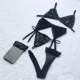 Seksowna bielizna zestawy Femme biustonosz i majtki zestaw 4 sztuk biustonosz stringi netto skarpetki koronki Sling przezroczyst