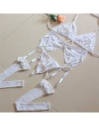 Seksowna bielizna zestawy Femme biustonosz i majtki zestaw 4 sztuk biustonosz stringi netto skarpetki koronki Sling przezroczyst
