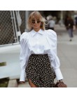 OOTN elegancki biały bufiaste rękawy bluzka koszule damskie urząd Lady panie odzież do pracy skręcić w dół kołnierz damskie topy