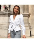 Conmoto eleganckie solidne damskie bluzki koszule w stylu Vintage Retro Peplum białe V Neck bluzki damskie Puff Casual Blusa Muj