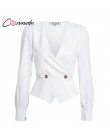Conmoto eleganckie solidne damskie bluzki koszule w stylu Vintage Retro Peplum białe V Neck bluzki damskie Puff Casual Blusa Muj