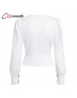 Conmoto eleganckie solidne damskie bluzki koszule w stylu Vintage Retro Peplum białe V Neck bluzki damskie Puff Casual Blusa Muj
