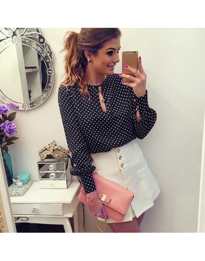2019 New Arrival kobiety topy Casual O-Neck bluzki z długimi rękawami wiosna lato szyfonowa Polka kropki koszula