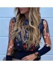 Nowa damska siatka zwykła bluzka przezroczysta Puff z długim rękawem bluzka moda perła przezroczysty biały koszula kobieta Blusa