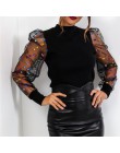 Nowa damska siatka zwykła bluzka przezroczysta Puff z długim rękawem bluzka moda perła przezroczysty biały koszula kobieta Blusa