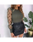 Nowa damska siatka zwykła bluzka przezroczysta Puff z długim rękawem bluzka moda perła przezroczysty biały koszula kobieta Blusa