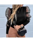 Nowa damska siatka zwykła bluzka przezroczysta Puff z długim rękawem bluzka moda perła przezroczysty biały koszula kobieta Blusa