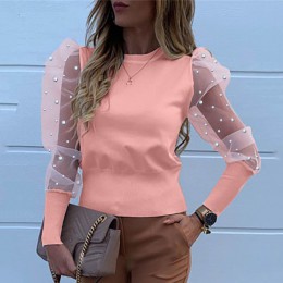 Nowa damska siatka zwykła bluzka przezroczysta Puff z długim rękawem bluzka moda perła przezroczysty biały koszula kobieta Blusa