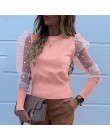 Nowa damska siatka zwykła bluzka przezroczysta Puff z długim rękawem bluzka moda perła przezroczysty biały koszula kobieta Blusa
