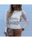 Nowa damska siatka zwykła bluzka przezroczysta Puff z długim rękawem bluzka moda perła przezroczysty biały koszula kobieta Blusa