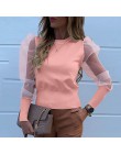 Nowa damska siatka zwykła bluzka przezroczysta Puff z długim rękawem bluzka moda perła przezroczysty biały koszula kobieta Blusa