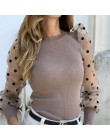 Nowa damska siatka zwykła bluzka przezroczysta Puff z długim rękawem bluzka moda perła przezroczysty biały koszula kobieta Blusa