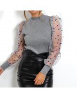 Nowa damska siatka zwykła bluzka przezroczysta Puff z długim rękawem bluzka moda perła przezroczysty biały koszula kobieta Blusa