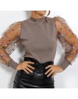 Nowa damska siatka zwykła bluzka przezroczysta Puff z długim rękawem bluzka moda perła przezroczysty biały koszula kobieta Blusa