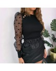 Nowa damska siatka zwykła bluzka przezroczysta Puff z długim rękawem bluzka moda perła przezroczysty biały koszula kobieta Blusa
