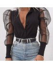 Nowa damska siatka zwykła bluzka przezroczysta Puff z długim rękawem bluzka moda perła przezroczysty biały koszula kobieta Blusa