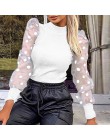 Nowa damska siatka zwykła bluzka przezroczysta Puff z długim rękawem bluzka moda perła przezroczysty biały koszula kobieta Blusa