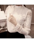 Moda elegancka damska koszula szydełkowa topy Slim jednolity haft z długim rękawem formalna biała bluzka