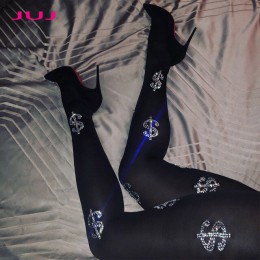 Masz szczęście, dolar Sexy kobiety geometryczny wzór Rhinestone rajstopy nit zima stałe błyszczące litery rajstopy damskie plus 