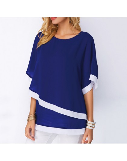 Bluzki plus size dla kobiet 4xl 5xl Patchwork podwójna warstwa bluzki na co dzień Batwing tunika 2019 jesień duży rozmiar szyfon