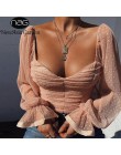 NewAsia bluzka w kropki kobiety siatkowane koszule różowe topy Sweetheart dekolt latarnia rękaw bluzka z fałdami biały Blusas ko