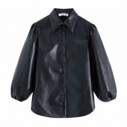 Kobiety w stylu vintage PU skóra latarnia rękaw czarny bluzki koszule damskie chi pojedyncze łuszcz casual blusas retro koszulka