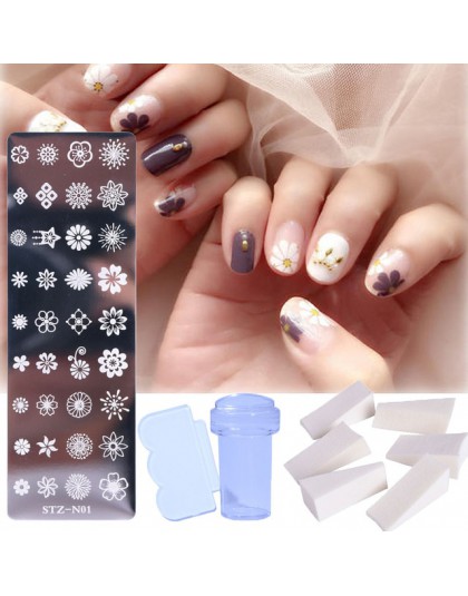 1 zestaw pieczątka na paznokcie płytki polski paznokci drukuj liść kwiat Dreamcatcher Snowflake Christmas Stamper Scrapper gąbka