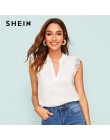 SHEIN v-plisy Lace tapicerka Shell Top 2019 elegancki dekolt V stójka kołnierzyk lato bez rękawów damskie topy i bluzki