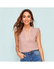 SHEIN v-plisy Lace tapicerka Shell Top 2019 elegancki dekolt V stójka kołnierzyk lato bez rękawów damskie topy i bluzki