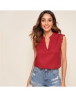 SHEIN v-plisy Lace tapicerka Shell Top 2019 elegancki dekolt V stójka kołnierzyk lato bez rękawów damskie topy i bluzki