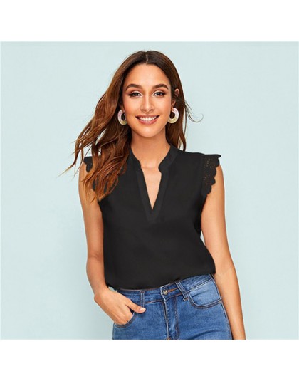 SHEIN v-plisy Lace tapicerka Shell Top 2019 elegancki dekolt V stójka kołnierzyk lato bez rękawów damskie topy i bluzki