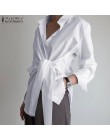 Moda damska bluzka z długim rękawem ZANZEA swobodna koronka Up koszule elegancki dekolt z klapami OL asymetryczne topy wiosna Bl