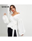 SHEIN biały urząd Lady elegancki rękaw kloszowy komża Peplum Off the Shoulder jednokolorowa bluza jesień Sexy kobiety popy i blu