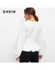 SHEIN biały urząd Lady elegancki rękaw kloszowy komża Peplum Off the Shoulder jednokolorowa bluza jesień Sexy kobiety popy i blu