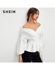 SHEIN biały urząd Lady elegancki rękaw kloszowy komża Peplum Off the Shoulder jednokolorowa bluza jesień Sexy kobiety popy i blu