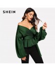 SHEIN biały urząd Lady elegancki rękaw kloszowy komża Peplum Off the Shoulder jednokolorowa bluza jesień Sexy kobiety popy i blu