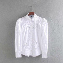 Kobiety koronki szydełka skręcić w dół kołnierz na co dzień biały bluzka bluzka koszule kobiety hollow out haft blusas puff ręka