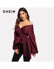 SHEIN biały urząd Lady elegancki rękaw kloszowy komża Peplum Off the Shoulder jednokolorowa bluza jesień Sexy kobiety popy i blu