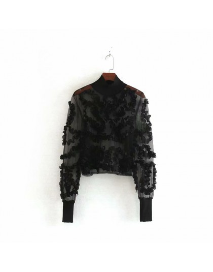 Nowych kobiet sexy aplikacje przezroczyste na co dzień czarny koszule bluzki damskie z długim rękawem patchwork mesh roupas femi