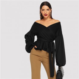 SHEIN biały urząd Lady elegancki rękaw kloszowy komża Peplum Off the Shoulder jednokolorowa bluza jesień Sexy kobiety popy i blu