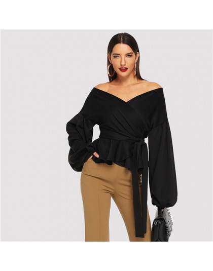 SHEIN biały urząd Lady elegancki rękaw kloszowy komża Peplum Off the Shoulder jednokolorowa bluza jesień Sexy kobiety popy i blu