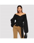 SHEIN biały urząd Lady elegancki rękaw kloszowy komża Peplum Off the Shoulder jednokolorowa bluza jesień Sexy kobiety popy i blu
