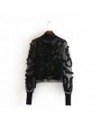 Nowych kobiet sexy aplikacje przezroczyste na co dzień czarny koszule bluzki damskie z długim rękawem patchwork mesh roupas femi